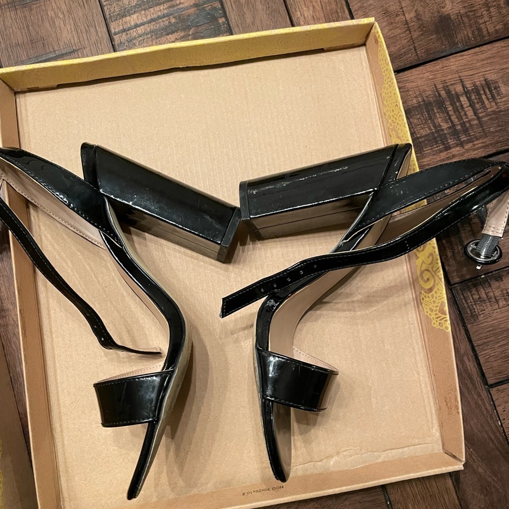 Patent black leather block sandals